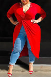 Vestido irregular con escote en V y abertura alta en patchwork sólido sexy rojo Vestidos de talla grande