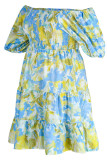 Vestido de manga corta con cuello en O de patchwork con estampado de tallas grandes casual de moda azul