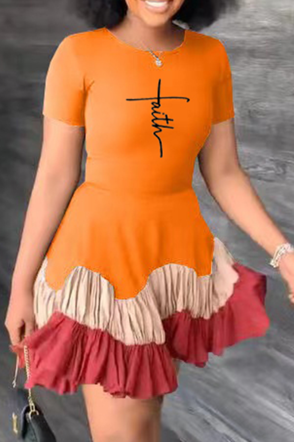 タンジェリン レッド ファッション プリント フラウンス O ネック ケーキ スカート ドレス