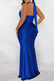 Blue Fashion Sexy Solid Bandage Patchwork Backless Fold Halter Long Dress