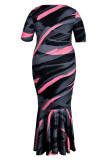 Paarse mode casual print patchwork O-hals jurk met korte mouwen plus size jurken