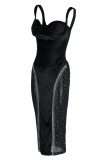 Vestido sin mangas con correa de espagueti sin espalda transparente con perforación en caliente de retazos sexy de moda negro
