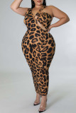 Estampado de leopardo Moda Sexy Tallas grandes Estampado de leopardo ahuecado Vestido sin mangas con cuello en V