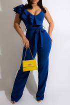 Blauwe Casual Solid Bandage Patchwork Volant Spaghetti Band Rechte Jumpsuits