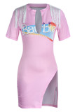Pink Sexy Print Tassel Patchwork Slit V Neck One Step Skirt Dresses