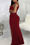 Vestidos longos vermelhos sexy patchwork com fenda e decote em v