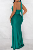 Green Fashion Sexy Solid Bandage Patchwork Backless Fold Halter Long Dress