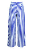 Calças de cintura alta com estampa casual listrada azul e estampa de retalhos