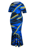 Robes de grande taille bleu mode décontracté imprimé patchwork O cou robe à manches courtes