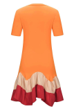 Vestidos de falda de pastel con cuello redondo y volantes estampados informales de color rojo mandarina