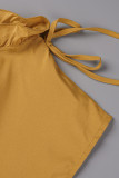 Gelbes, modisches, lässiges, festes Patchwork-Kleid mit halbem Rollkragen und ärmellosem Kleid