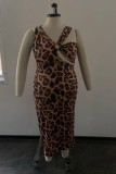 Estampa de leopardo moda sexy plus size estampa leopardo oco vestido sem mangas com decote em V