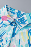 White Blue Casual Print Patchwork Buckle Turndown Collar Tops
