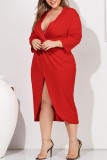 赤いセクシーなソリッド パッチワーク高い開口部 V ネック イレギュラー ドレス プラス サイズのドレス