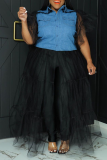 ブラック カジュアル ソリッド メッシュ ターンダウン カラー イレギュラー ドレス プラス サイズ ドレス