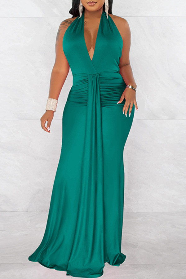 グリーン ファッション セクシー ソリッド バンデージ パッチワーク バックレス フォールド ホルター ロング ドレス