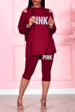 Burgundy Fashion Casual Letter Print Bandage Slit Hooded Collar Long Sleeve Two Pieces