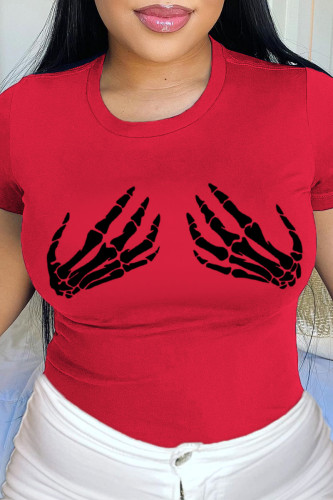 Camisetas con cuello en O de patchwork con estampado de calle de moda rojo
