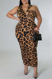 Leopard Print Fashion Sexy Plus Size Print Leopard ausgehöhltes ärmelloses Kleid mit V-Ausschnitt