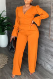 Оранжевый Модный повседневный однотонный пэчворк с V-образным вырезом и длинным рукавом из двух частей