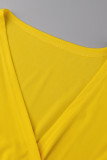 黄色のカジュアルな固体包帯パッチワークVネックワンステップスカートプラスサイズのドレス
