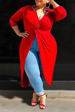 Rotes, sexy, solides Patchwork mit hoher Öffnung und V-Ausschnitt, unregelmäßiges Kleid, Kleider in Übergröße
