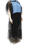 Черное повседневное однотонное сетчатое платье с отложным воротником Нерегулярное платье Платья больших размеров