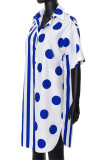 Blaues, modisches, lässiges, gestreiftes Patchwork-Hemdkleid mit Umlegekragen