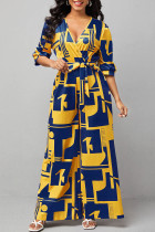 Yellow And Blue Casual Print Bandage Patchwork V Neck Straight Jumpsuits