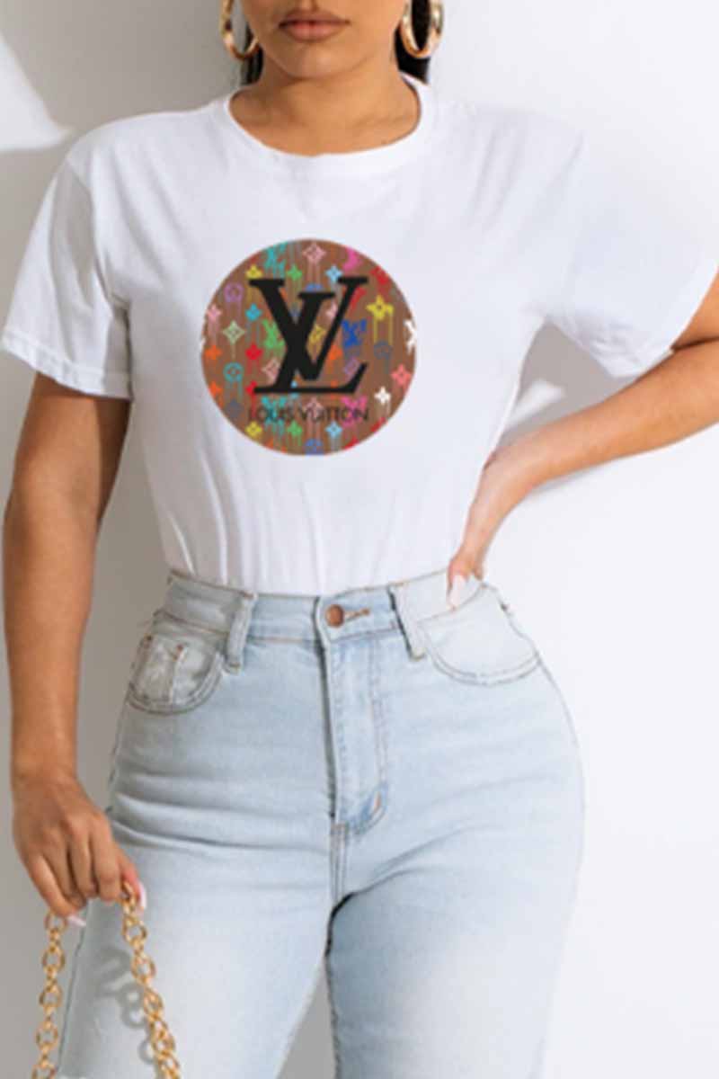 

White Fashion Casual Print Letter O Neck T-Shirts