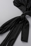 Negro Moda Casual Sólido Vendaje Cuello en V Más Tamaño Dos piezas
