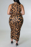 Leopardtryck Mode Sexig Plus Size Print Leopard urholkad V-ringad ärmlös klänning