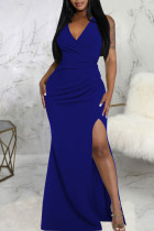 Blauwe sexy effen patchwork spleet v-hals lange jurk jurken