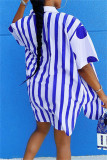 ブルー ファッション カジュアル ストライプ ドット プリント パッチワーク ターンダウン カラー シャツ ドレス