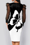 Vestidos de falda de un paso con cuello en V de patchwork con estampado informal en blanco y negro