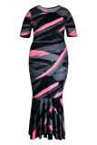Paarse mode casual print patchwork O-hals jurk met korte mouwen plus size jurken