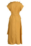 Желтое модное повседневное однотонное лоскутное платье без рукавов с половиной водолазки