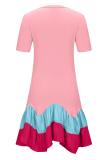 Pink Casual Print Flounce O Neck Cake Skirt Dresses