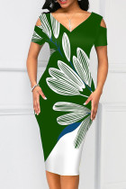 グリーン カジュアル プリント パッチワーク Vネック ワンステップ スカート ドレス