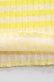Желтый сексуальный полосатый принт в стиле пэчворк асимметричный круглый вырез с длинным рукавом из двух частей