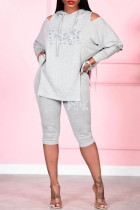 Grey Fashion Casual Letter Print Bandage Slit Hooded Collar Long Sleeve Two Pieces
