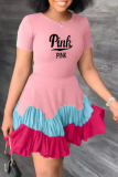 ピンク カジュアル プリント フラウンス O ネック ケーキ スカート ドレス