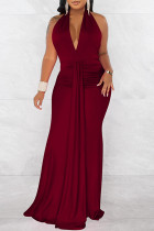 Бордовое модное сексуальное однотонное лоскутное платье с открытой спиной и складками, длинное платье с лямкой на шее