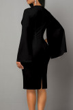 Vestidos de saia de um passo preto casual estampado elegante estampado oco