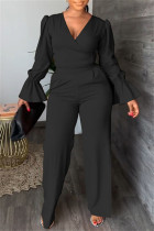 Black Fashion Casual Solid Patchwork V Neck Long Sleeve Two Pieces