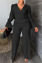 ブラックファッションカジュアルソリッドパッチワークVネック長袖ツーピース