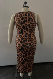Leopard Print Fashion Sexy Plus Size Print Leopard Hollowed Out V Neck Sleeveless Dress