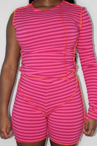 Red Sexy Striped Print Patchwork Asymmetrical O Neck Long Sleeve Two Pieces