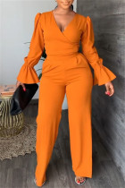 オレンジファッションカジュアルソリッドパッチワークVネック長袖ツーピース