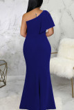 Blue Solid Patchwork Slit Oblique Collar Long Dress Dresses